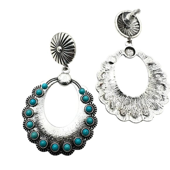 Western Style Silver Tone Chandelier Pierced Earrings Blue Faux Turquoise 2.5" - Picture 3 of 5